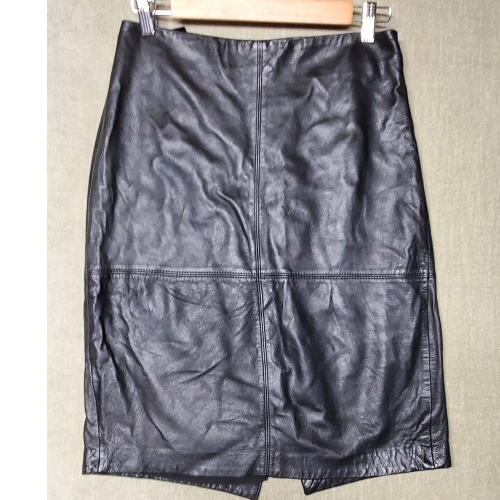 Talbots Womens Black 100% Lambskin Leather Pencil Skirt Back Slit Lined Size 8